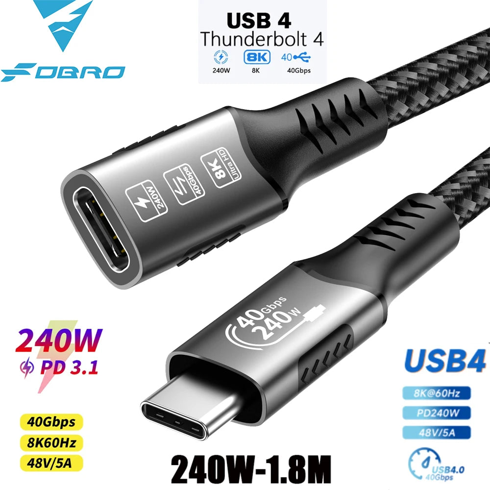 8K USB C 4 Extension Cable Fast Charging Cable Extender Male to Female Type C UHD Video 40Gbps 240W PD3.1 with Thunderbolt 4/3
