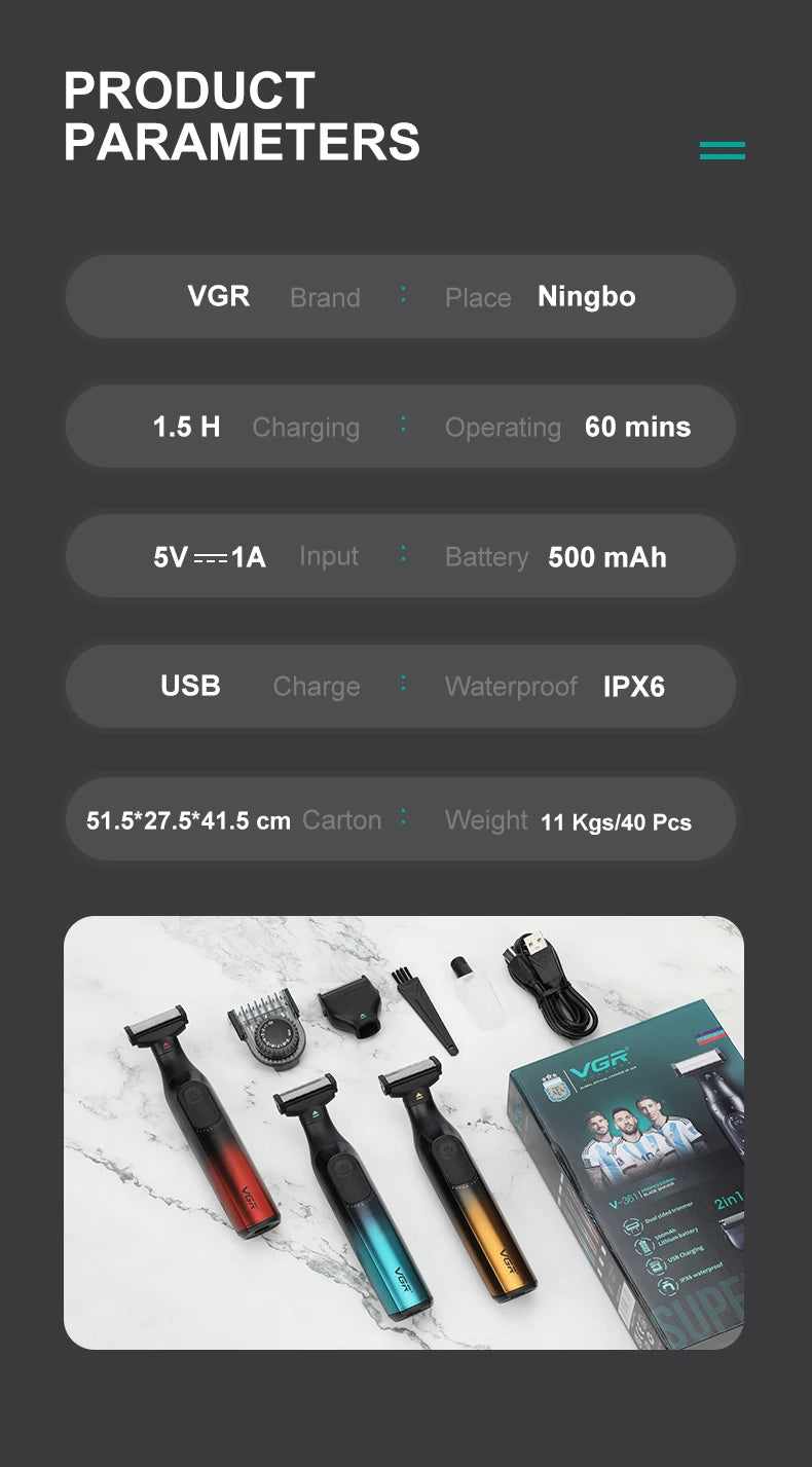 VGR new hair remover 3-in-1 hair trimming set gradient color household shaver IPX6 waterproof intelligent digital shaver V-361