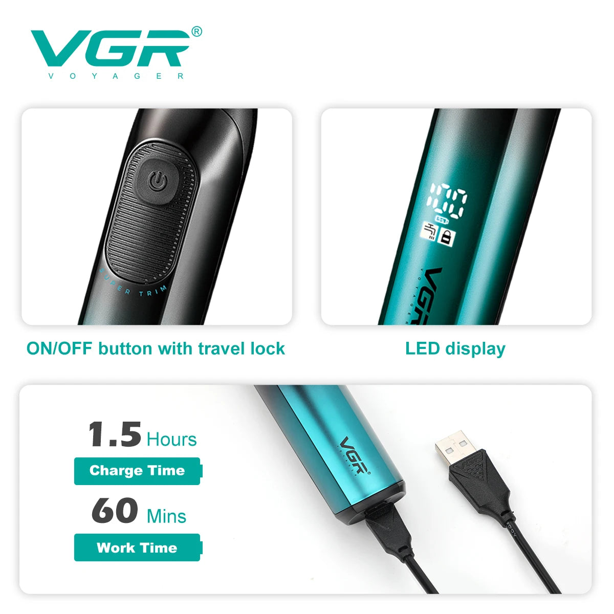 VGR new hair remover 3-in-1 hair trimming set gradient color household shaver IPX6 waterproof intelligent digital shaver V-361