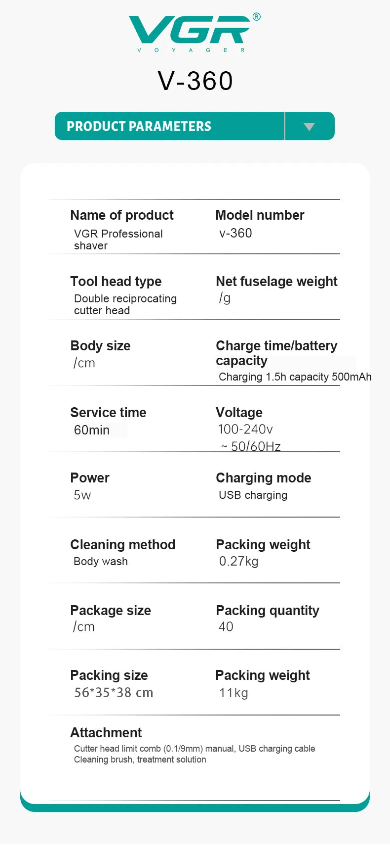 VGR 360 Hair Trimmer Waterproof Household Rechargeable Adjustable Hair Trimmer Full Body Washable Reciprocating Men's Trimmer