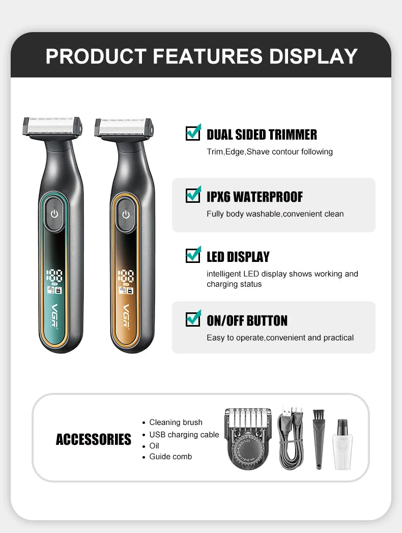 VGR 360 Hair Trimmer Waterproof Household Rechargeable Adjustable Hair Trimmer Full Body Washable Reciprocating Men's Trimmer