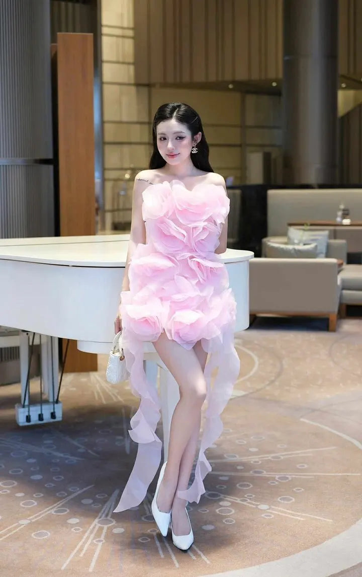 Pale Pink Prom Dresses Off Shoulder Layered Sleeveless Evening Gown Asymmetrical Tulle Floral Prom Gowns vestidos de soiree