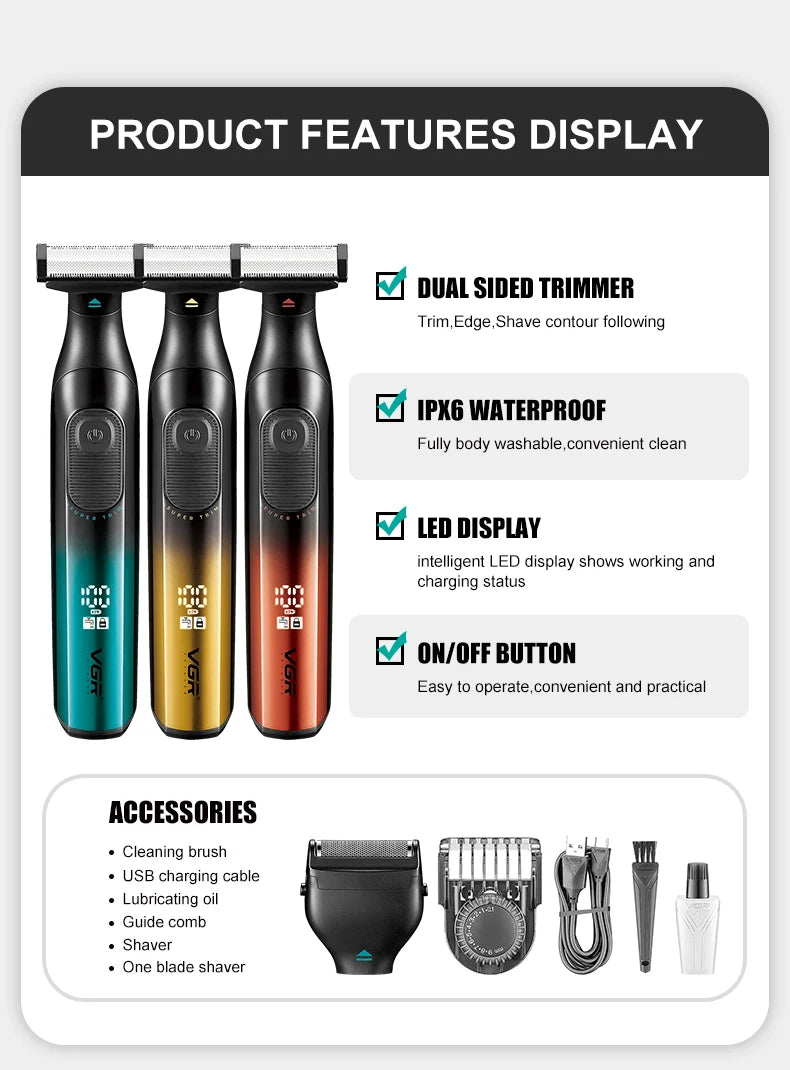 VGR new hair remover 3-in-1 hair trimming set gradient color household shaver IPX6 waterproof intelligent digital shaver V-361