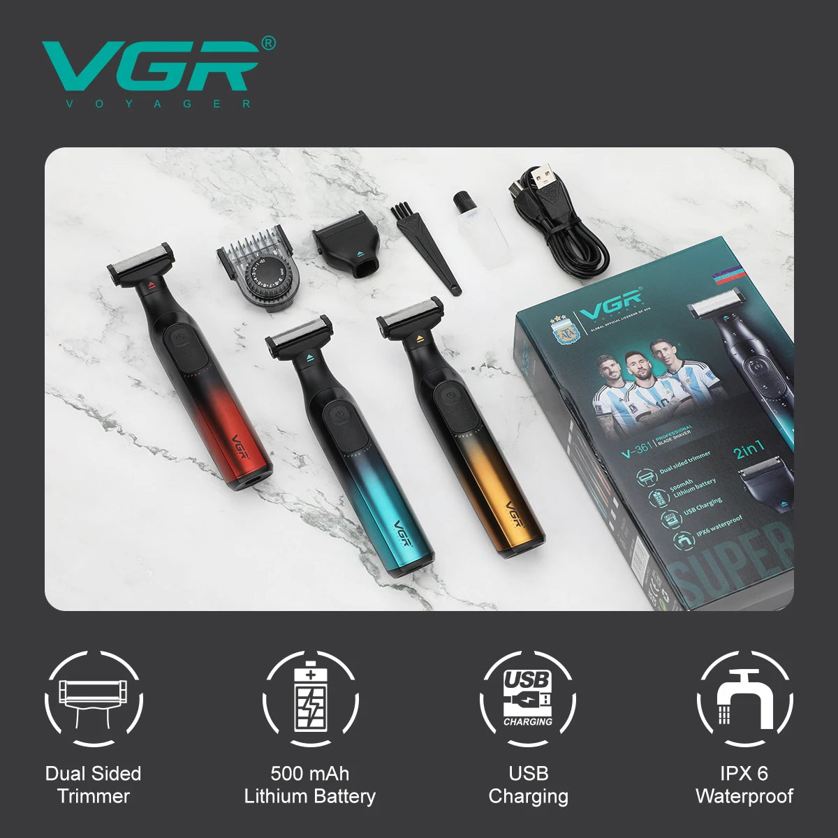 VGR new hair remover 3-in-1 hair trimming set gradient color household shaver IPX6 waterproof intelligent digital shaver V-361