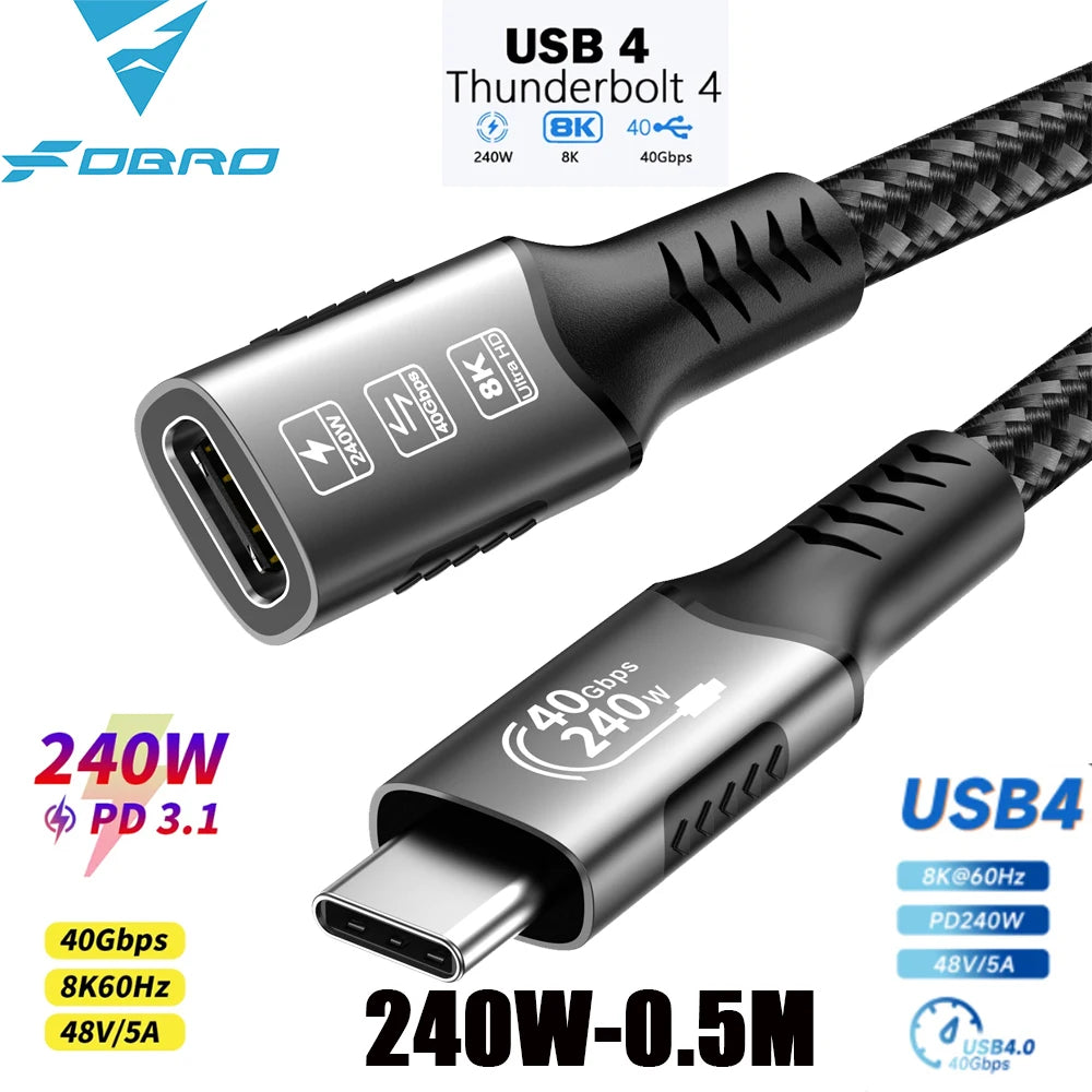 8K USB C 4 Extension Cable Fast Charging Cable Extender Male to Female Type C UHD Video 40Gbps 240W PD3.1 with Thunderbolt 4/3