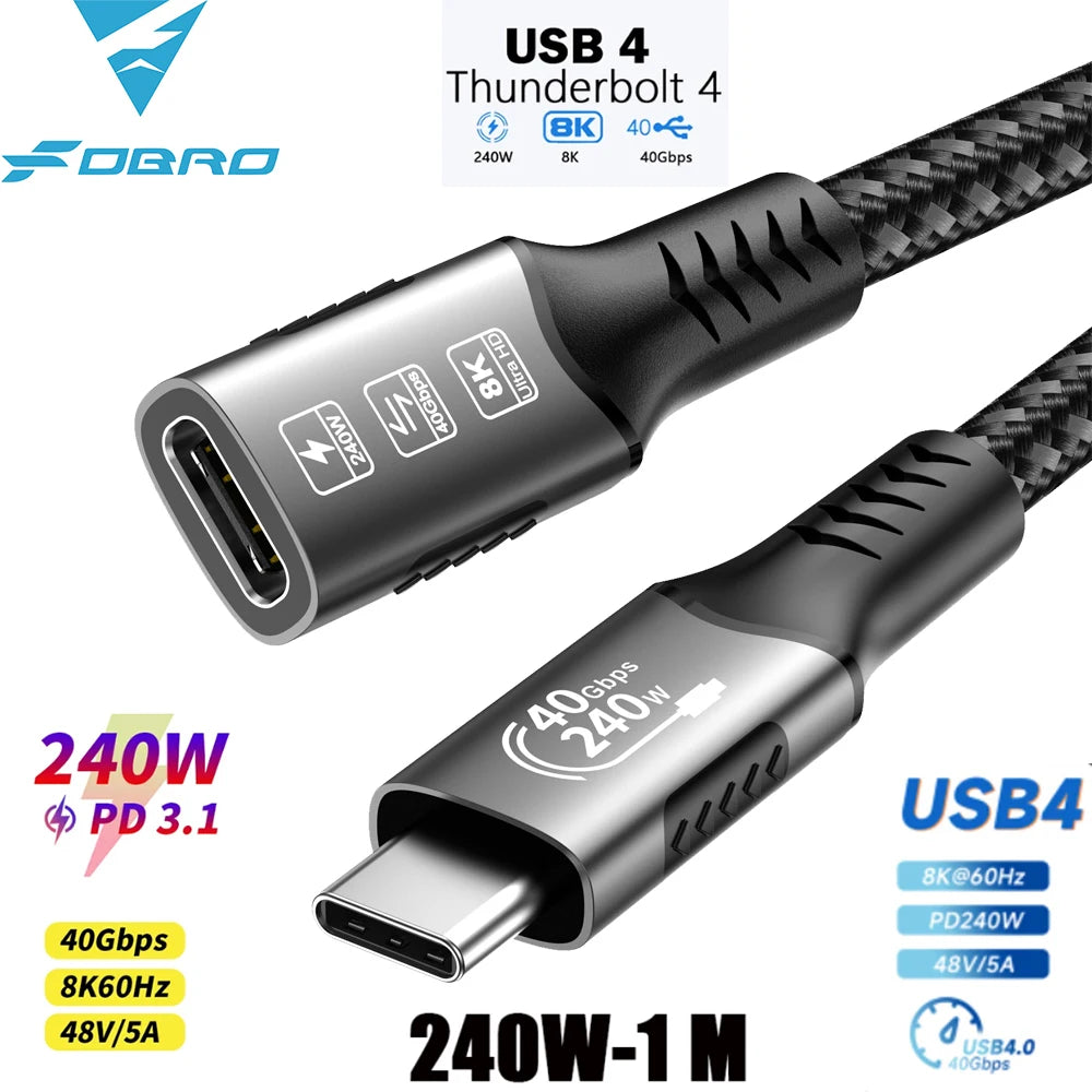 8K USB C 4 Extension Cable Fast Charging Cable Extender Male to Female Type C UHD Video 40Gbps 240W PD3.1 with Thunderbolt 4/3