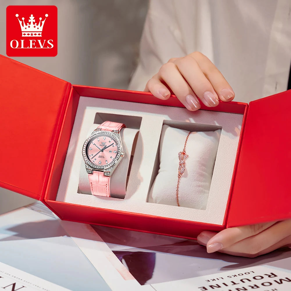 OLEVS 5606 NEW Women Watch Leather Waterproof Auto Date Quartz Watch for Ladies